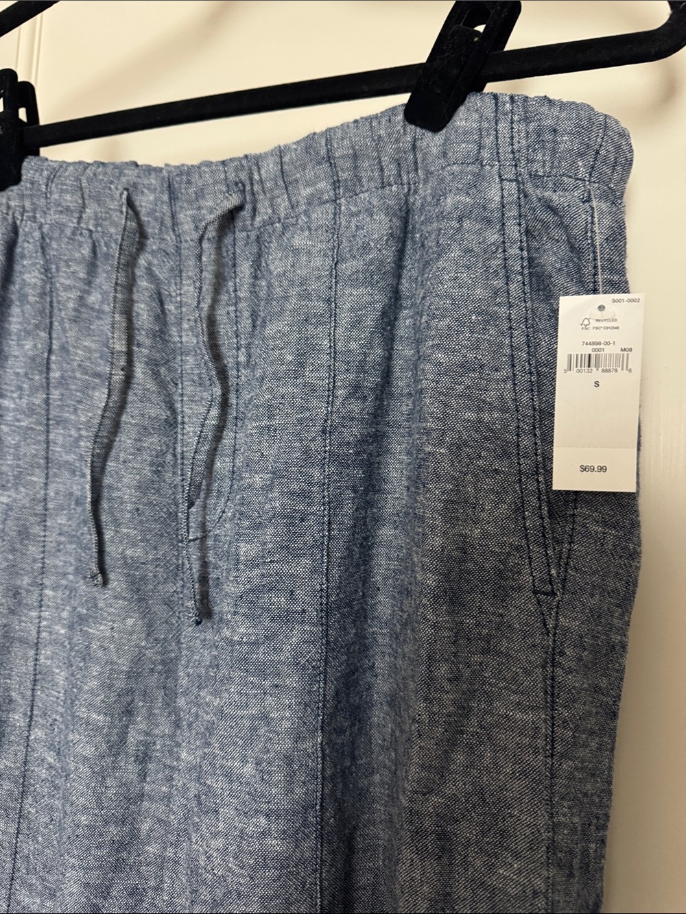 New GAP Heather Chambray Linen Wide-Leg Drawstringr Pants 4 pockets S